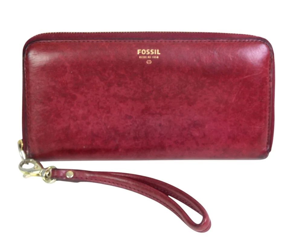 Fossil RED REAL LEATHER ID CARD COIN HOLDER BILL TWO COMPARTMENT WALLET WRISTLET